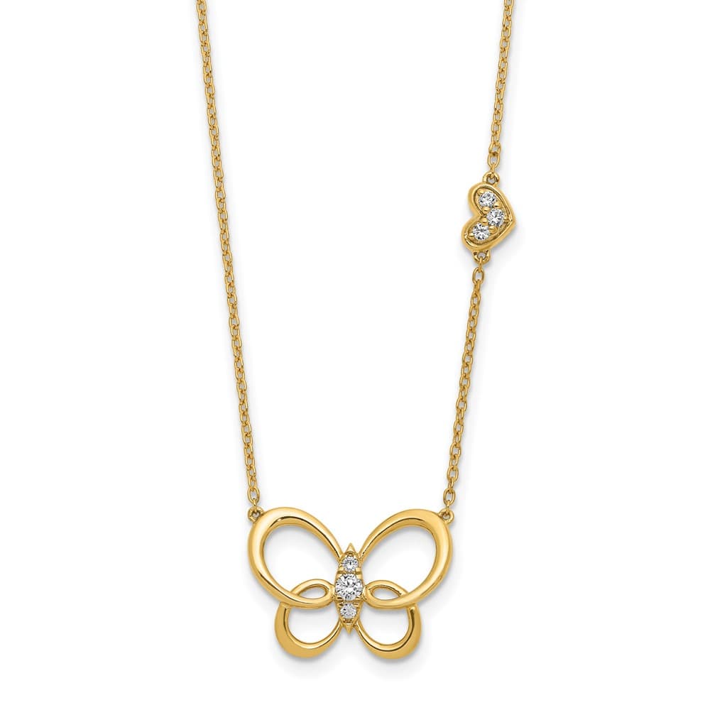 14K Yellow Gold Polished 1/6 carat Diamond Butterfly 18 inch Necklace