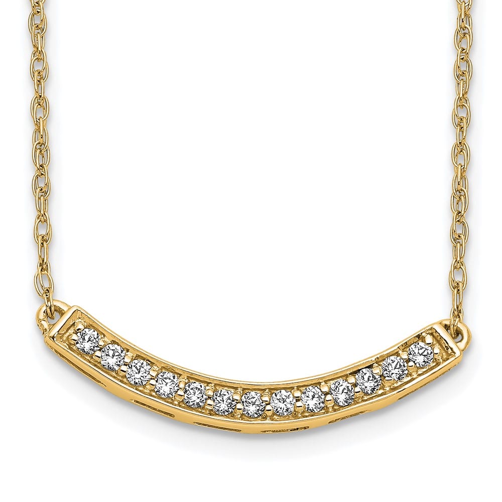 14K Yellow Gold Polished 1/6 carat Diamond Curved Bar 18 inch Necklace