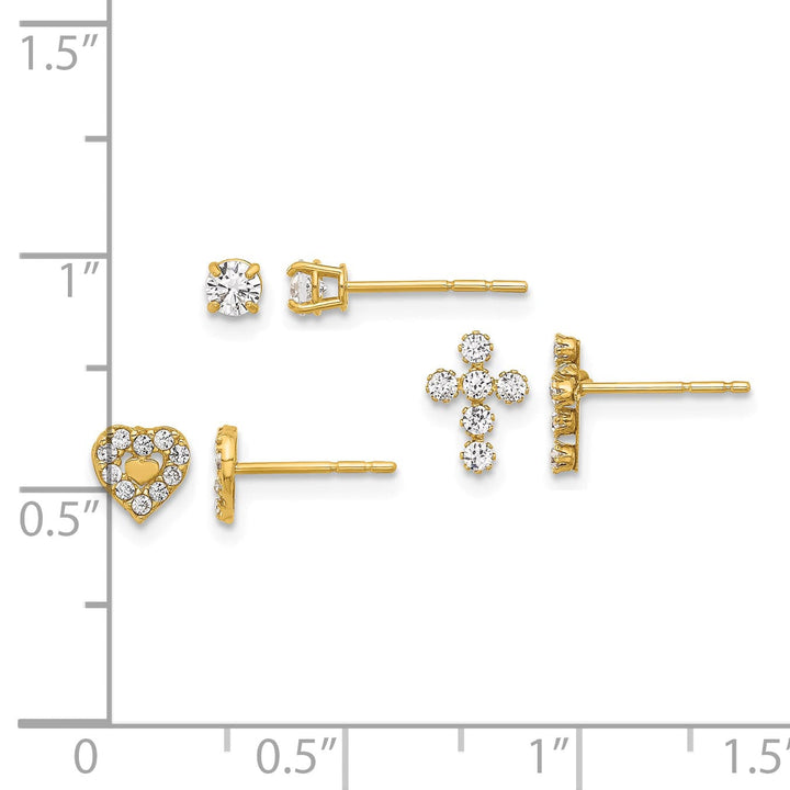 14K Yellow Gold Polished 3mm CZ/Cross/Heart 3-Pair Post Earring Set