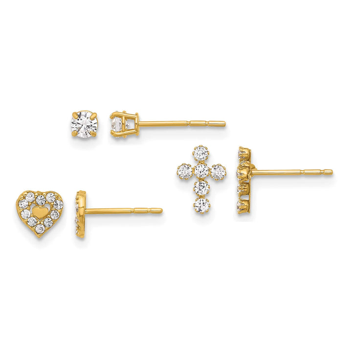 14K Yellow Gold Polished 3mm CZ/Cross/Heart 3-Pair Post Earring Set