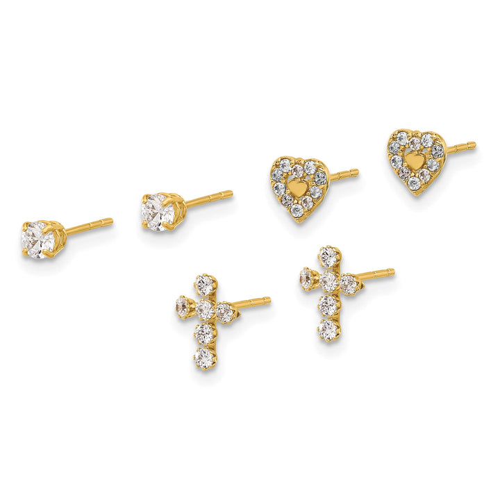 14K Yellow Gold Polished 3mm CZ/Cross/Heart 3-Pair Post Earring Set