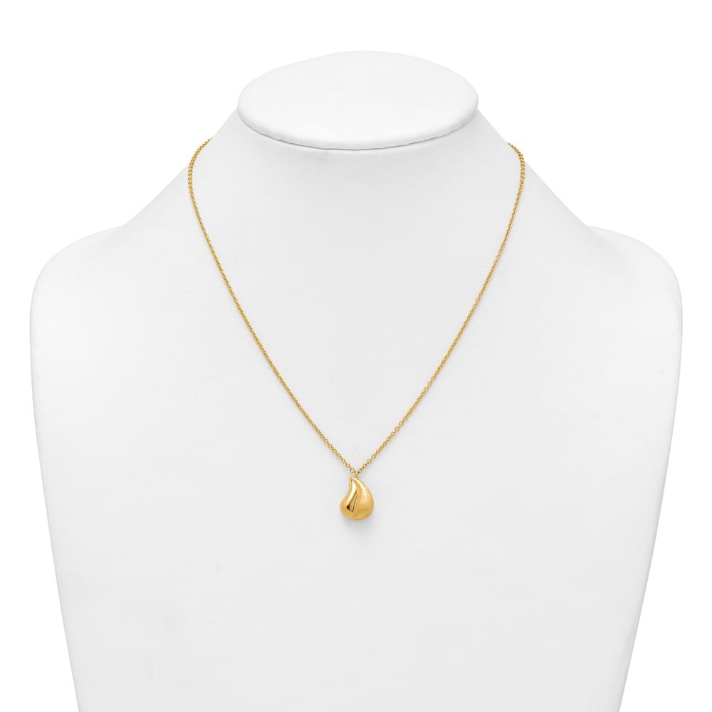 14K Yellow Gold Polished And Brushed Curved Teardrop 18 inch Necklace
