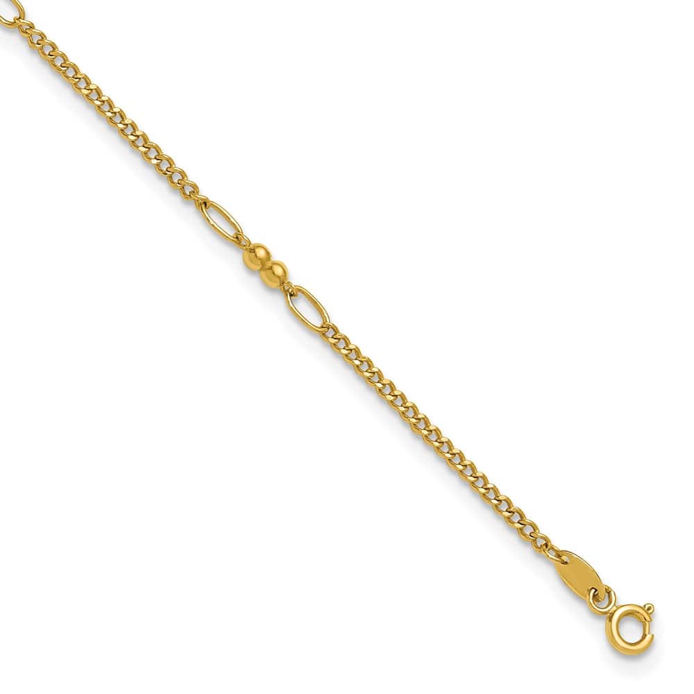 14K Yellow Gold Polished and D.C. 5-Station Beaded Mixed Link Anklet — solid 14K yellow gold, 10 inches long, 3 mm wide, spring ring clasp, 2.55 g
