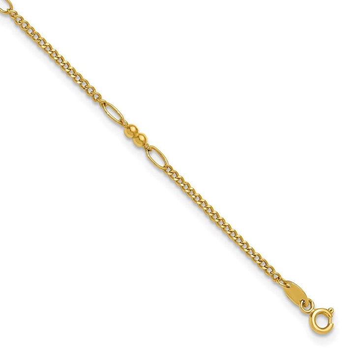 14K Yellow Gold Polished and D.C. 5-Station Beaded Mixed Link Anklet — solid 14K yellow gold, 10 inches long, 3 mm wide, spring ring clasp, 2.55 g