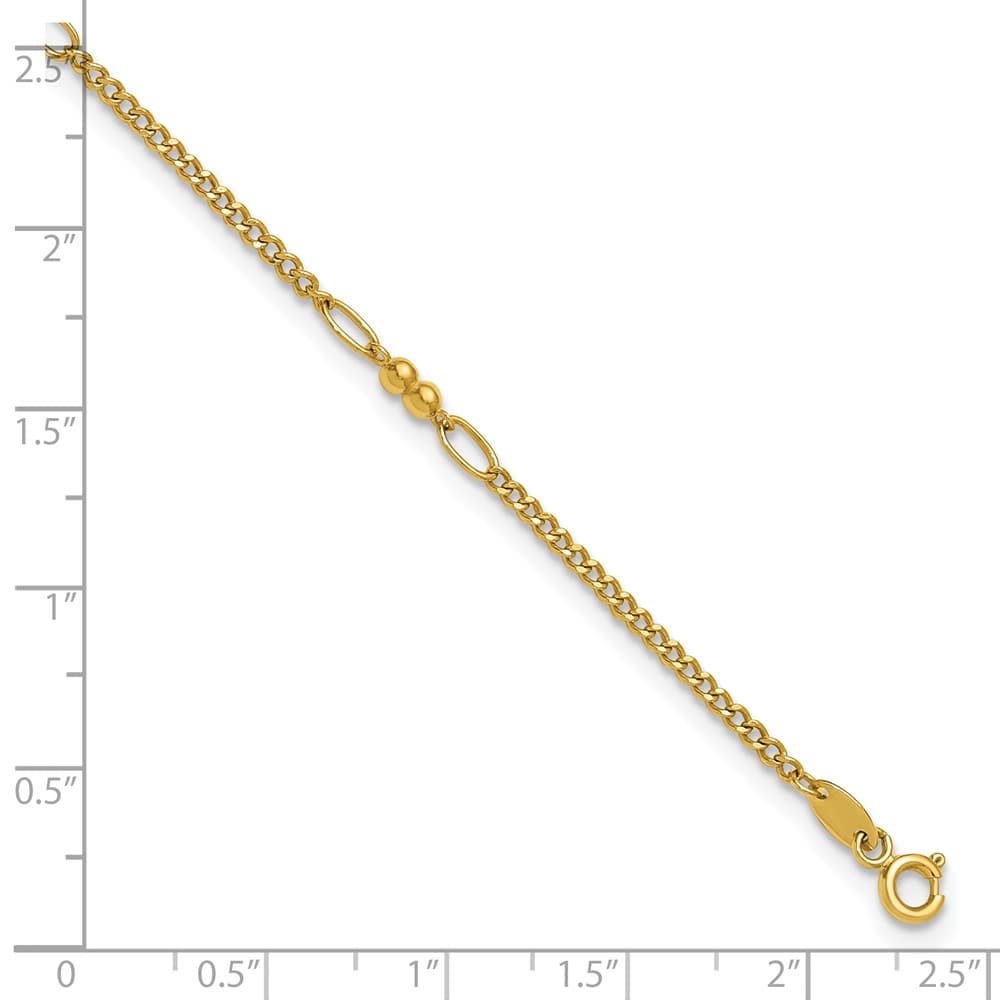 14K Yellow Gold Polished and D.C. 5-Station Beaded Mixed Link Anklet