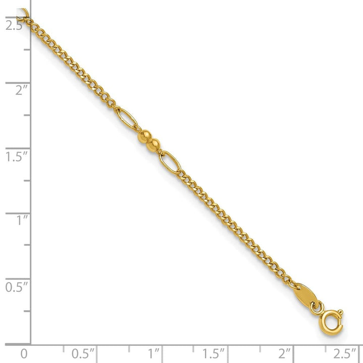 14K Yellow Gold Polished and D.C. 5-Station Beaded Mixed Link Anklet