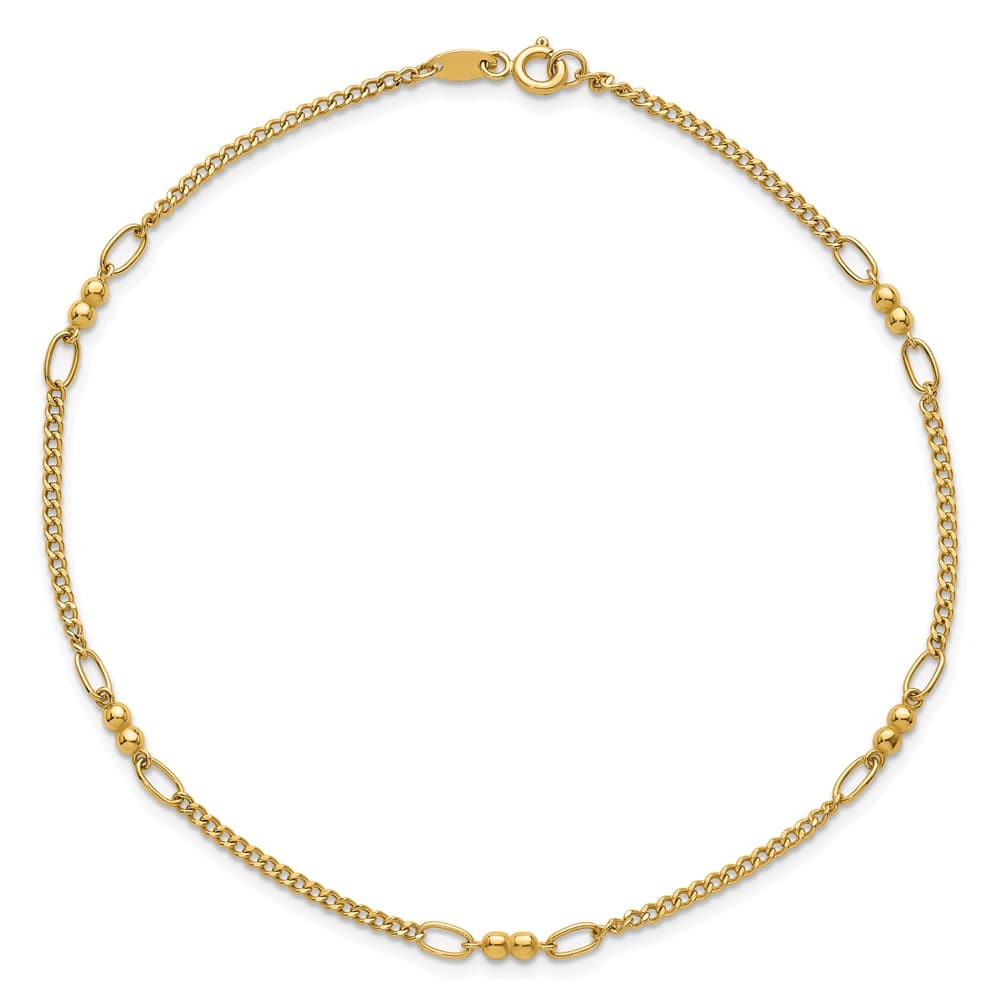 14K Yellow Gold Polished and D.C. 5-Station Beaded Mixed Link Anklet