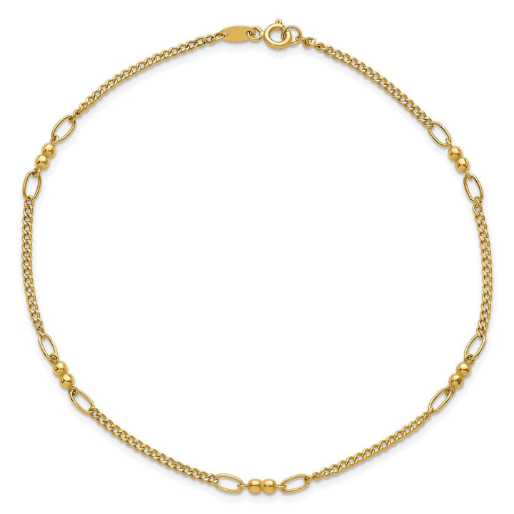 14K Yellow Gold Polished and D.C. 5-Station Beaded Mixed Link Anklet