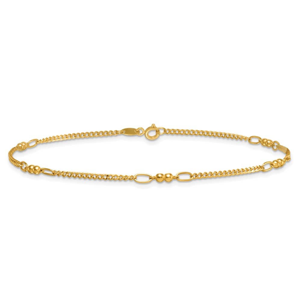 14K Yellow Gold Polished and D.C. 5-Station Beaded Mixed Link Anklet