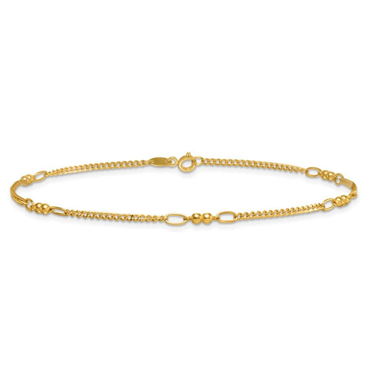 14K Yellow Gold Polished and D.C. 5-Station Beaded Mixed Link Anklet
