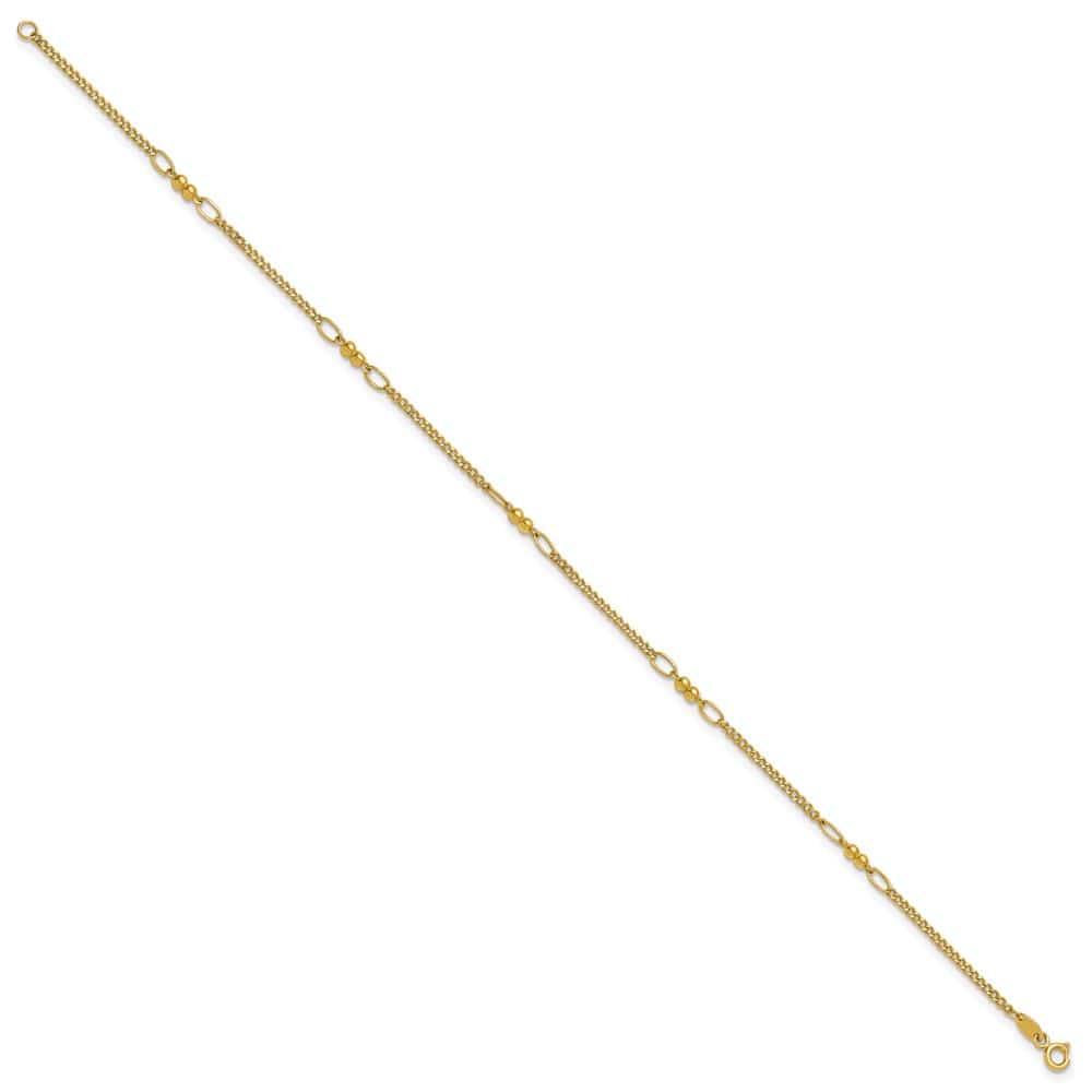 14K Yellow Gold Polished and D.C. 5-Station Beaded Mixed Link Anklet