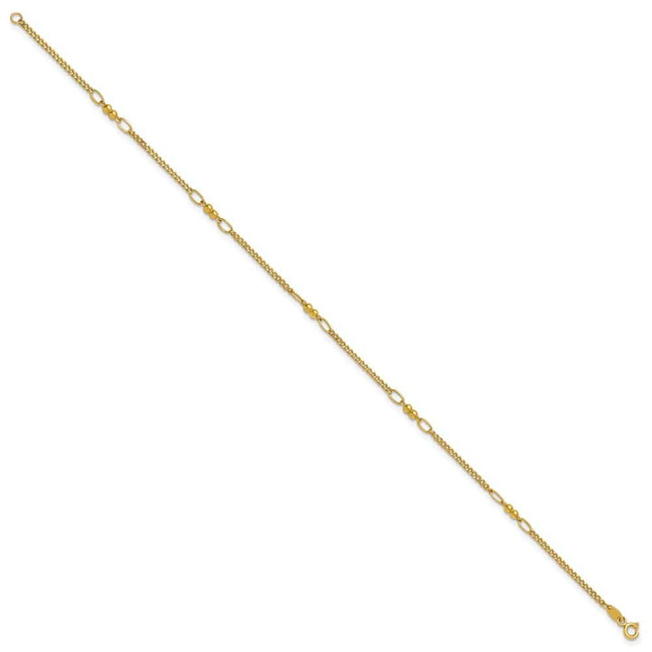 14K Yellow Gold Polished and D.C. 5-Station Beaded Mixed Link Anklet