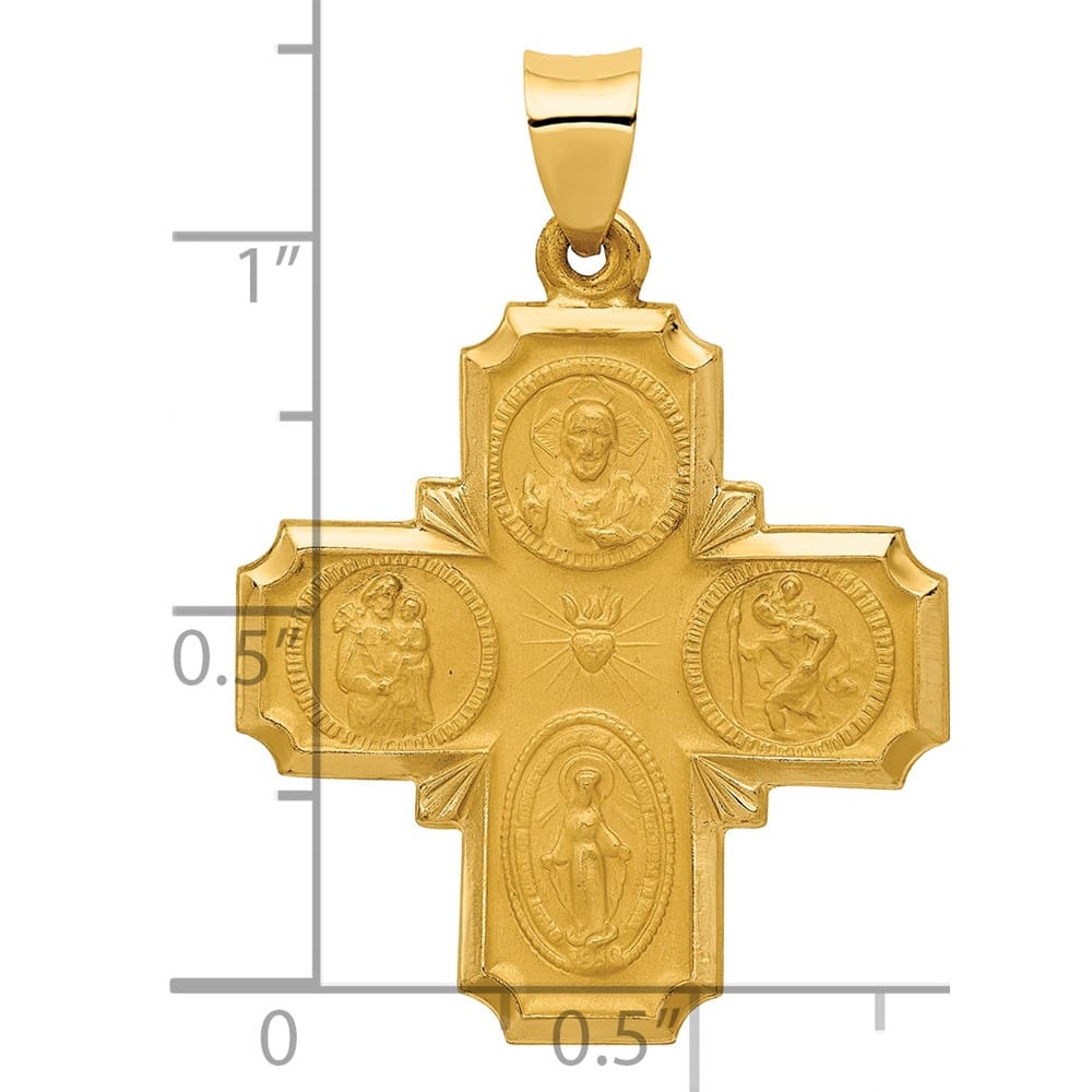 14K Yellow Gold Polished and Satin Hollow Four-Way Religious Medal