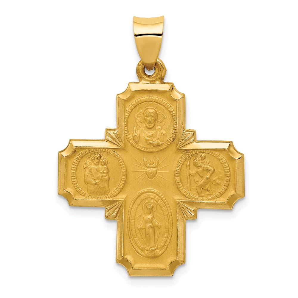 14K Yellow Gold Polished and Satin Hollow Four-Way Religious Medal