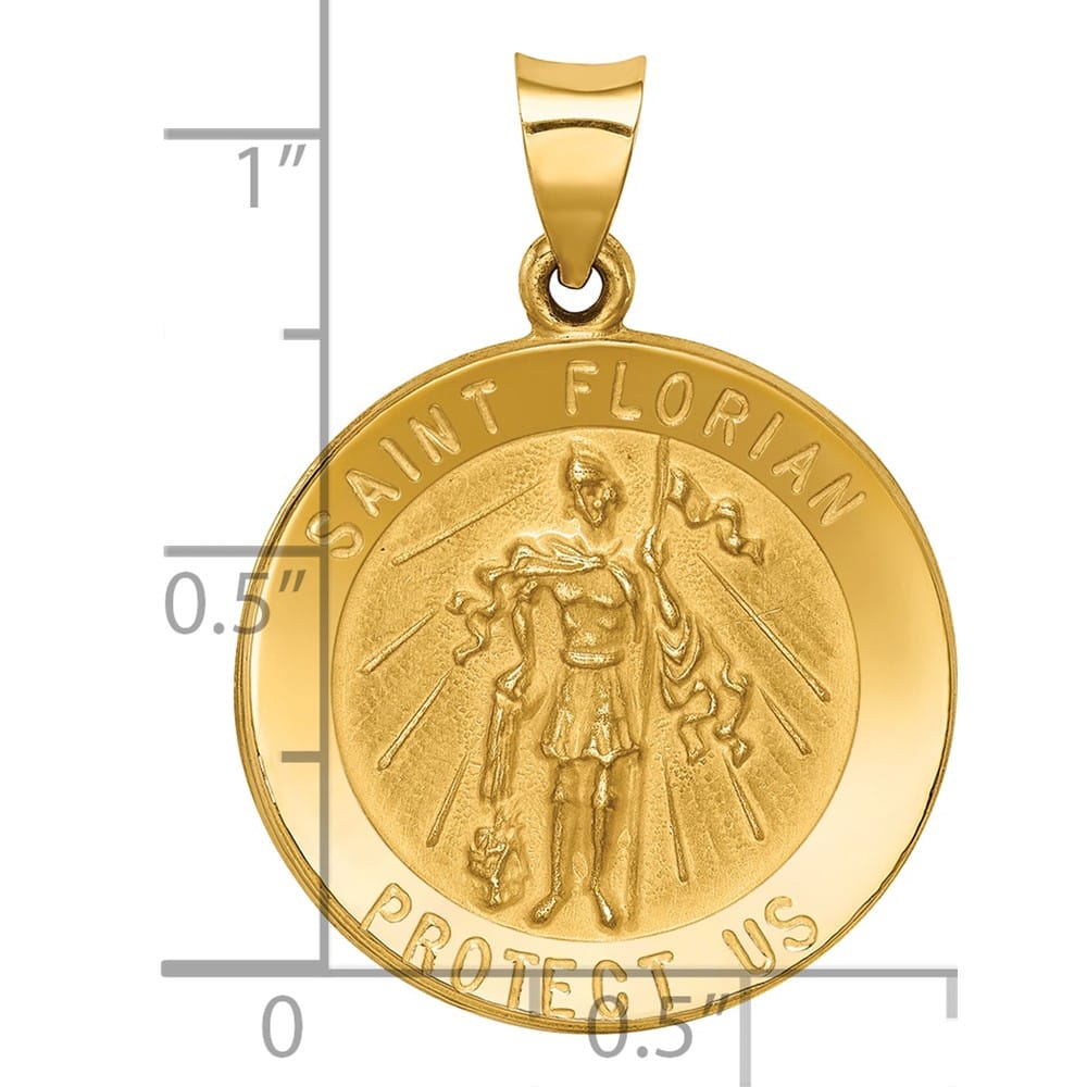 14K Yellow Gold Polished and Satin Hollow St. Florian Round Medal