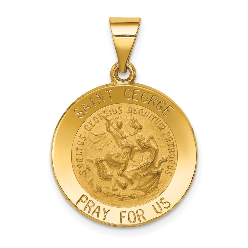 14K Yellow Gold Polished and Satin Hollow St. George Round Medal