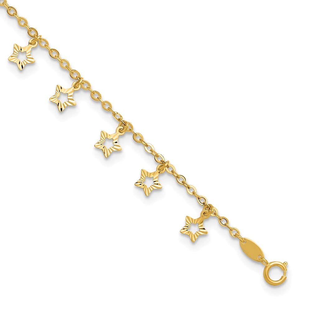 14K Yellow Gold Polished and Textured Dangle Stars Anklet — solid 14K yellow gold, 9 inches long, 1 inch extension, 1.5 mm wide, spring ring clasp, 2.28 g