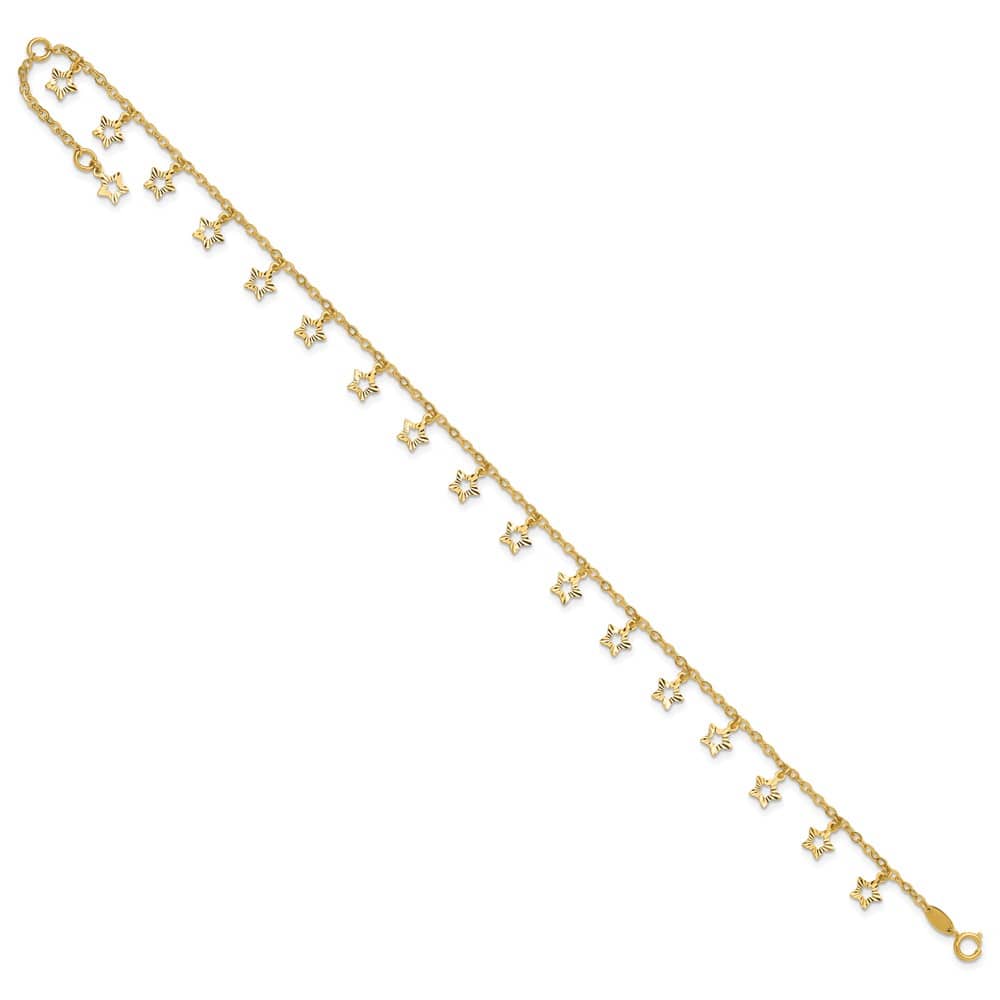14K Yellow Gold Polished and Textured Dangle Stars Anklet