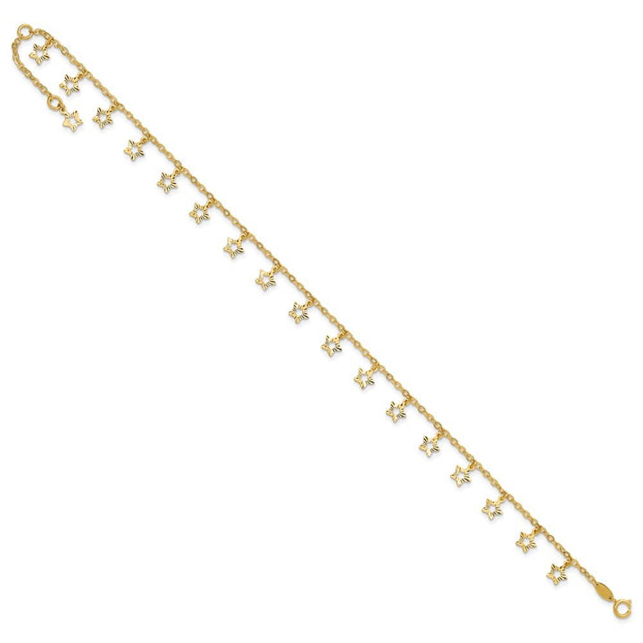 14K Yellow Gold Polished and Textured Dangle Stars Anklet
