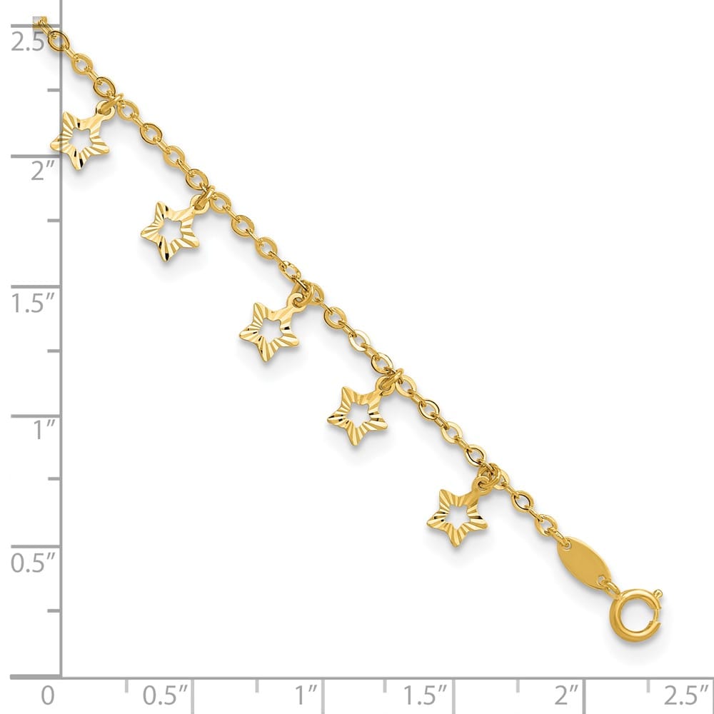 14K Yellow Gold Polished and Textured Dangle Stars Anklet