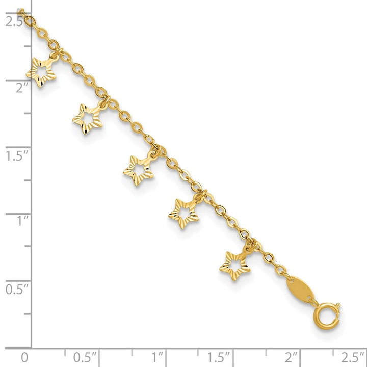 14K Yellow Gold Polished and Textured Dangle Stars Anklet