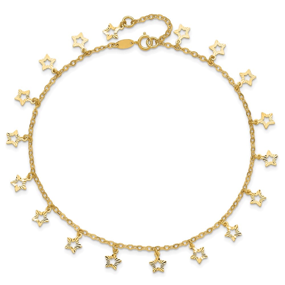 14K Yellow Gold Polished and Textured Dangle Stars Anklet