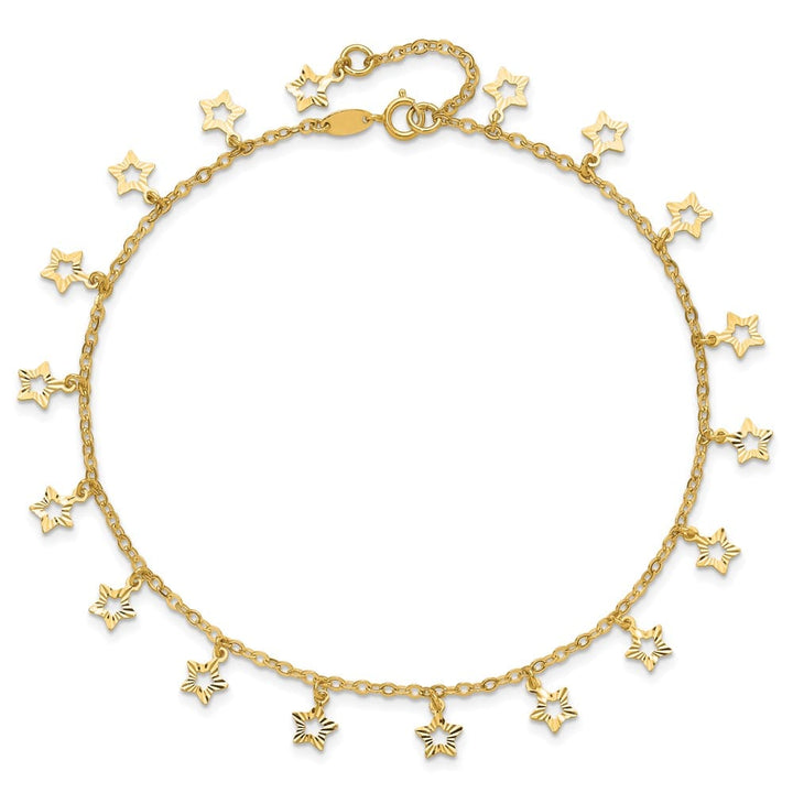 14K Yellow Gold Polished and Textured Dangle Stars Anklet