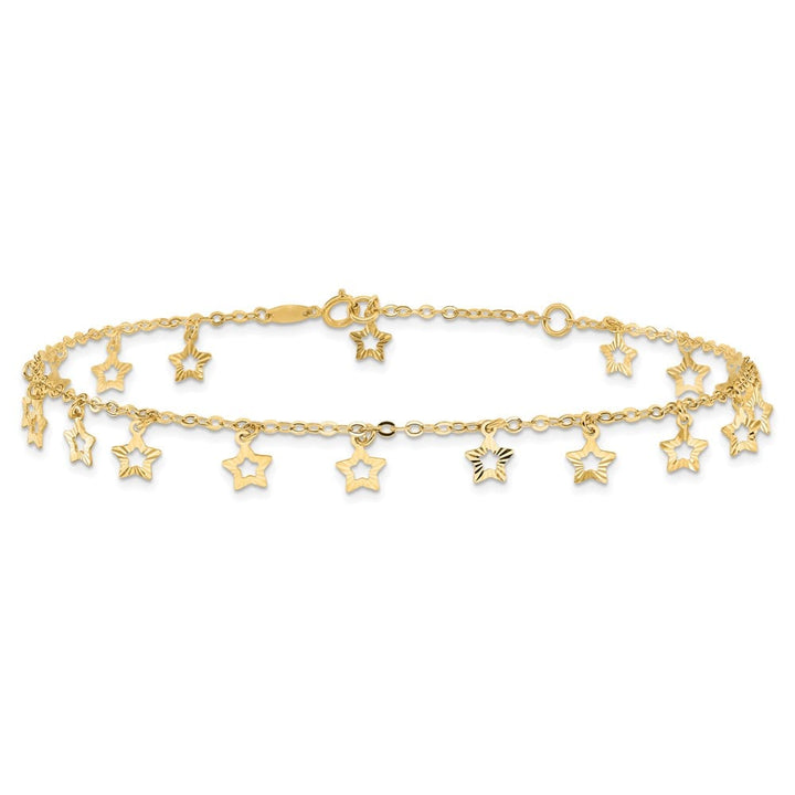 14K Yellow Gold Polished and Textured Dangle Stars Anklet