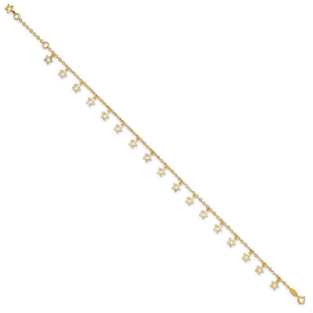 14K Yellow Gold Polished and Textured Dangle Stars Anklet