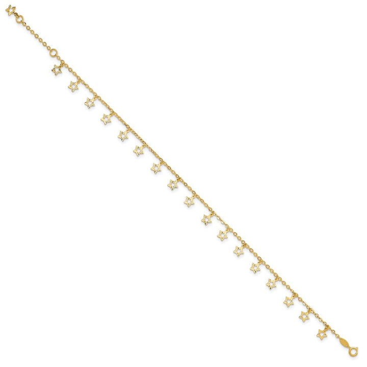 14K Yellow Gold Polished and Textured Dangle Stars Anklet