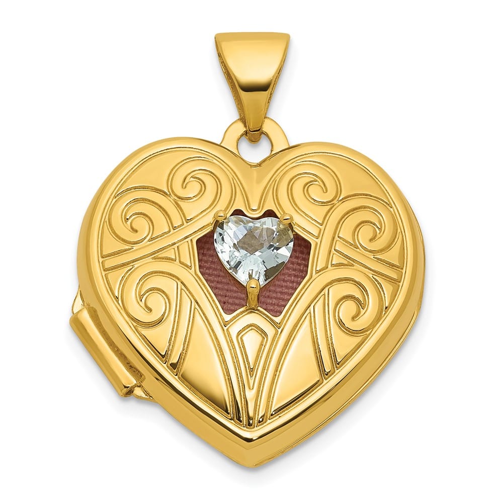 14K Yellow Gold Polished Aquamarine March Birthstone 18mm Heart Locket