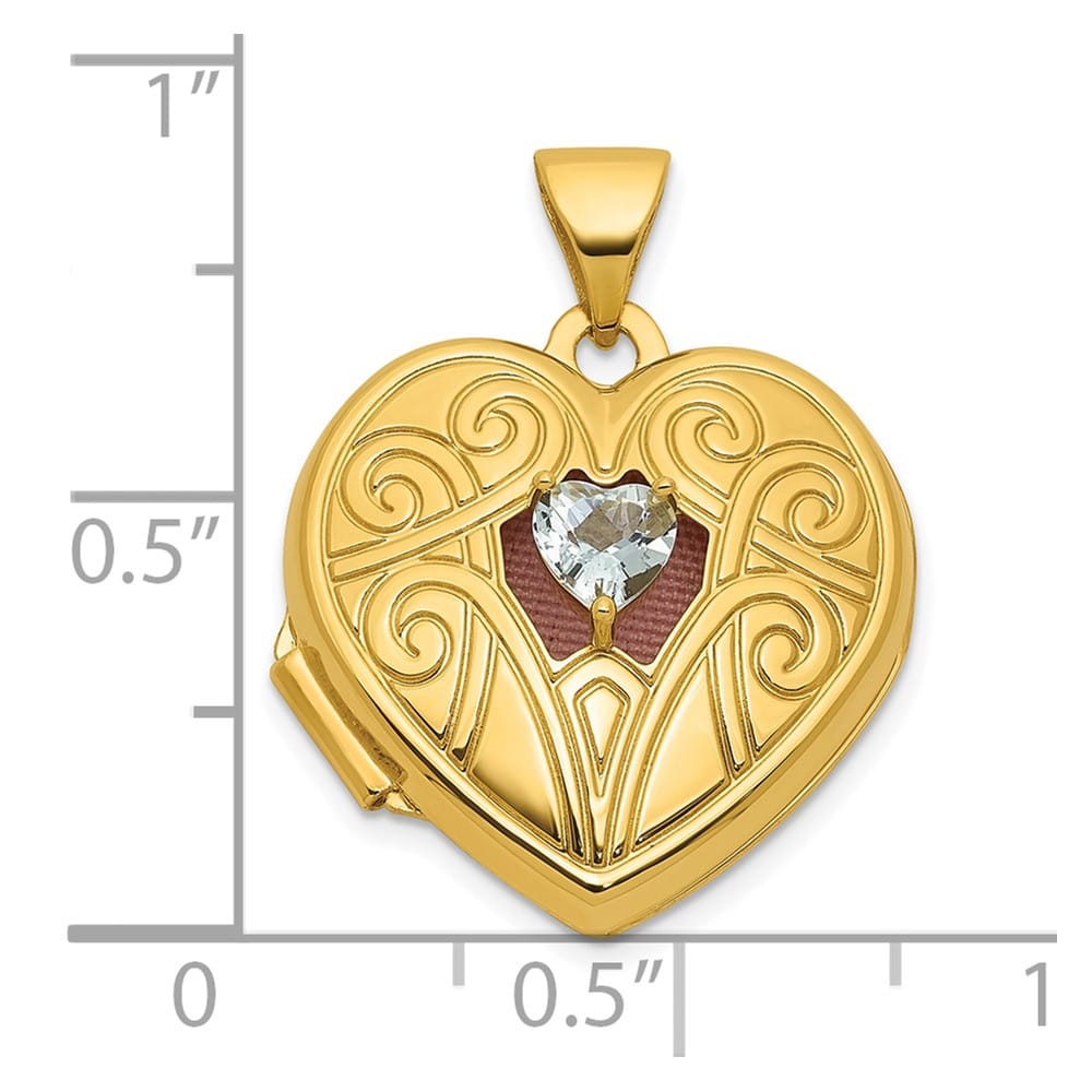 14K Yellow Gold Polished Aquamarine March Birthstone 18mm Heart Locket