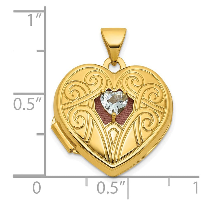 14K Yellow Gold Polished Aquamarine March Birthstone 18mm Heart Locket