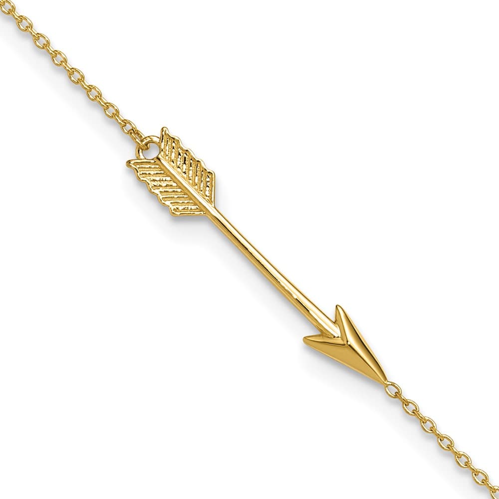 14K Yellow Gold Polished Arrow 9 Inch Anklet — solid 14K yellow gold, 9 inches long, 1 inch extension, 1 mm wide, spring ring clasp, 1.47 g