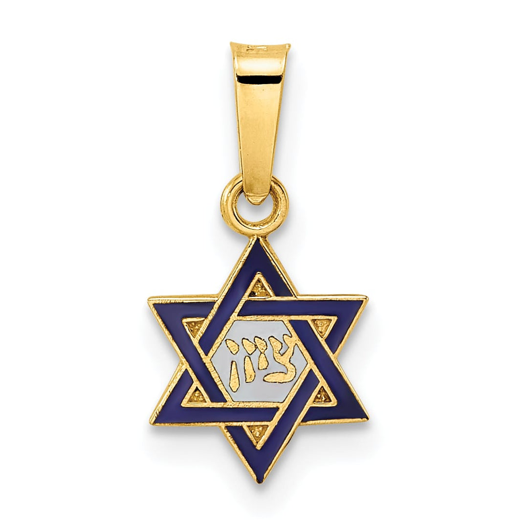 14K Yellow Gold Polished Blue and White Enameled Star of David Pendant