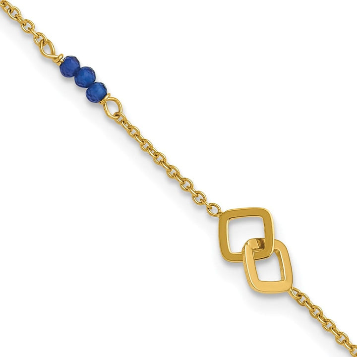 14K Yellow Gold Polished Blue Spinel Beads and Squares Anklet — solid 14K yellow gold, 9 inches long, 1 inch extension, 1.4 mm wide, lobster clasp, 2.67 g