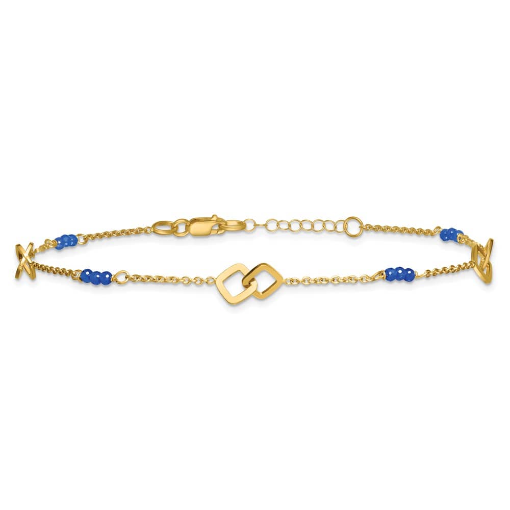 14K Yellow Gold Polished Blue Spinel Beads and Squares Anklet