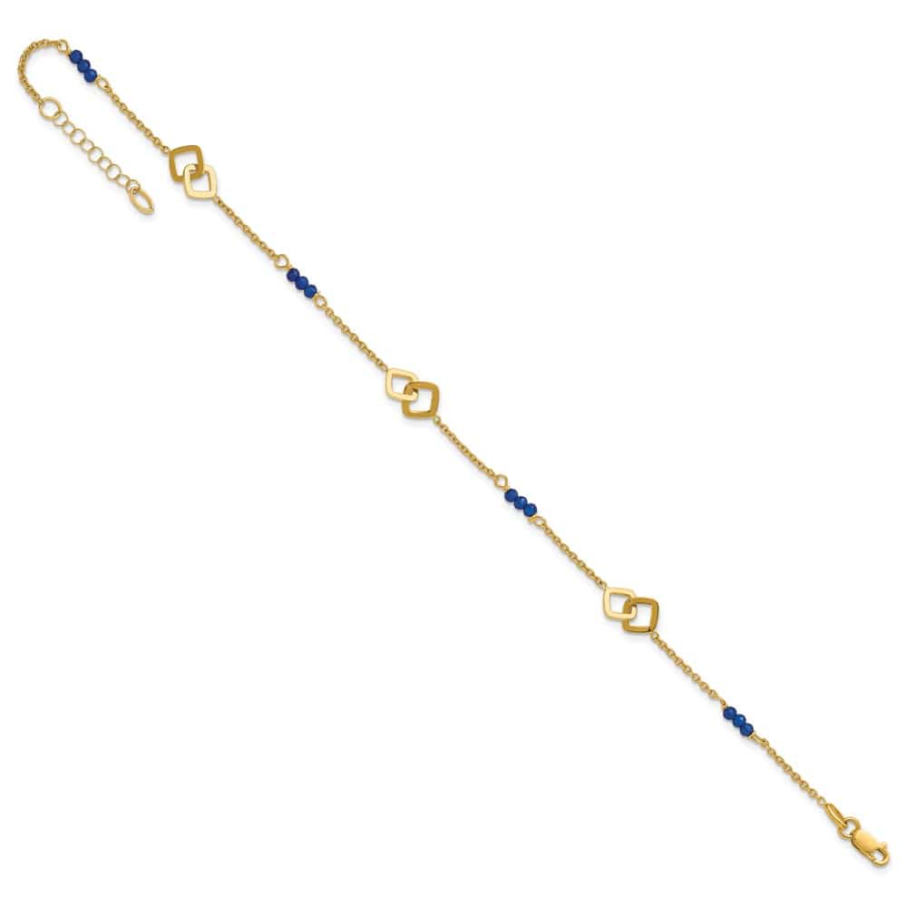 14K Yellow Gold Polished Blue Spinel Beads and Squares Anklet