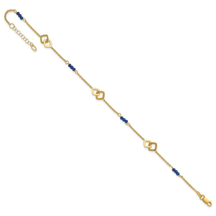 14K Yellow Gold Polished Blue Spinel Beads and Squares Anklet