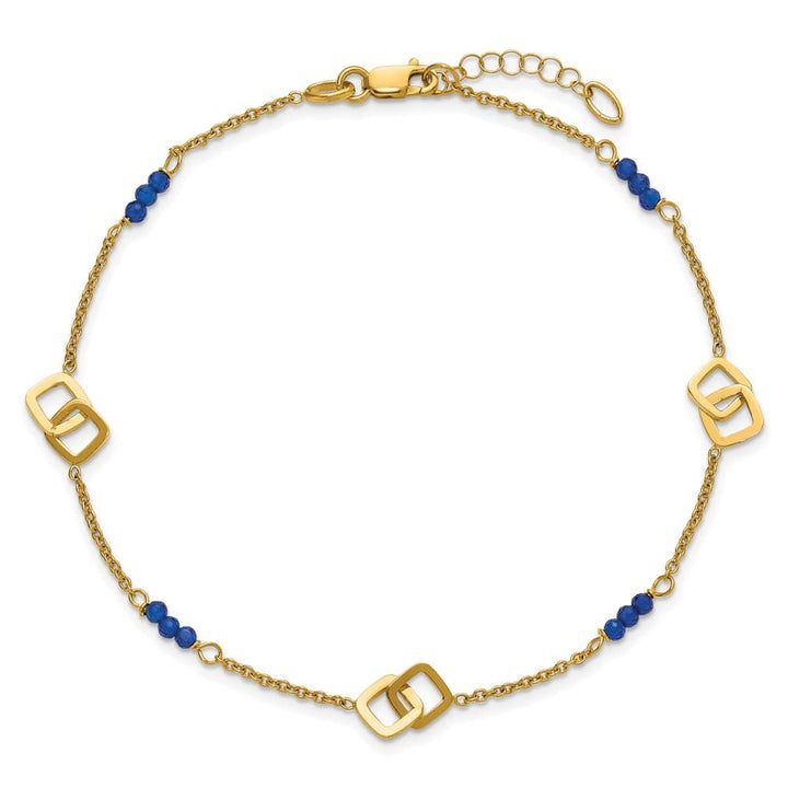 14K Yellow Gold Polished Blue Spinel Beads and Squares Anklet