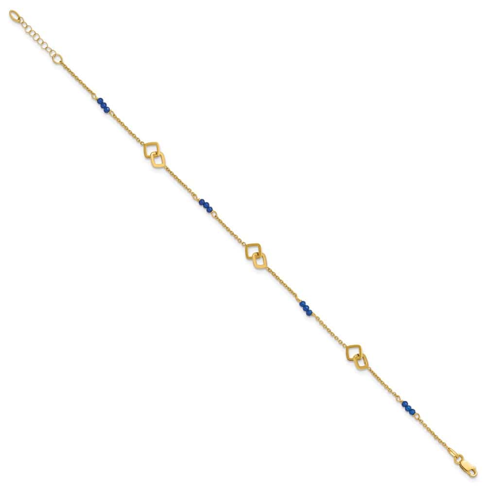 14K Yellow Gold Polished Blue Spinel Beads and Squares Anklet