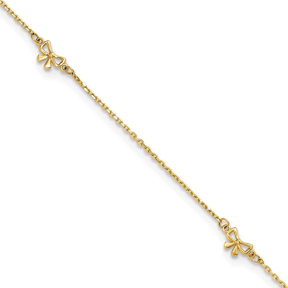 14K Yellow Gold Polished Bows 4-Station Anklet — solid 14K yellow gold, 9 inches long, 1 inch extension, 0.8 mm wide, spring ring clasp, 1.12 g