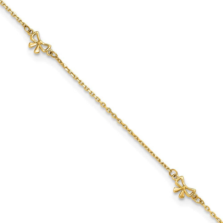 14K Yellow Gold Polished Bows 4-Station Anklet — solid 14K yellow gold, 9 inches long, 1 inch extension, 0.8 mm wide, spring ring clasp, 1.12 g