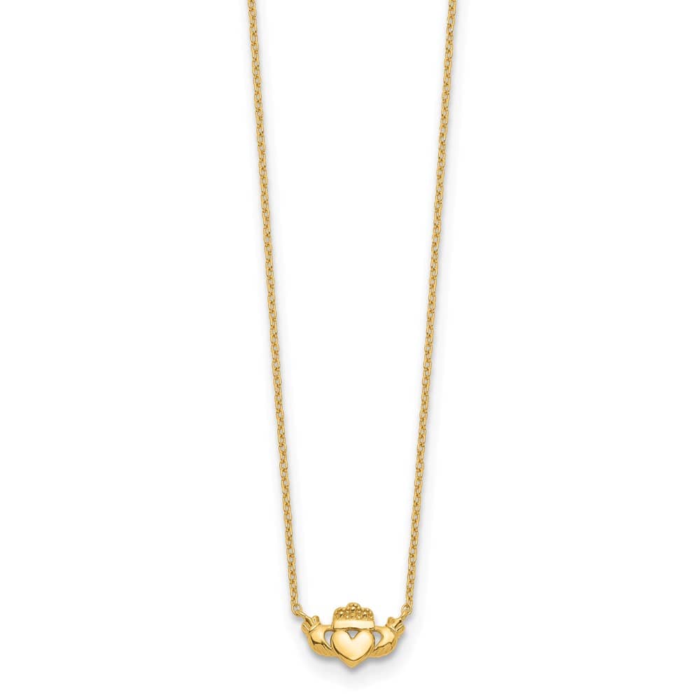 14K Yellow Gold Polished Claddagh 17 inch Necklace