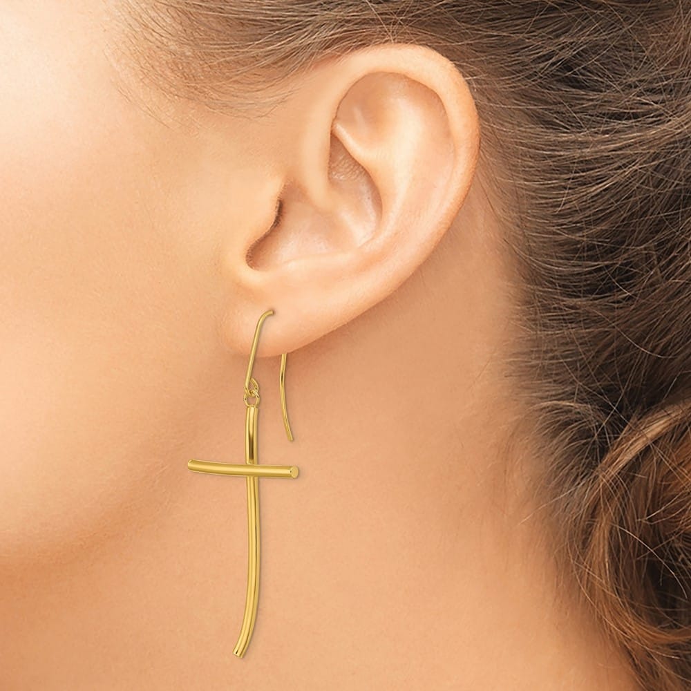 14K Yellow Gold Polished Cross Dangle Earrings, view 3 of 4