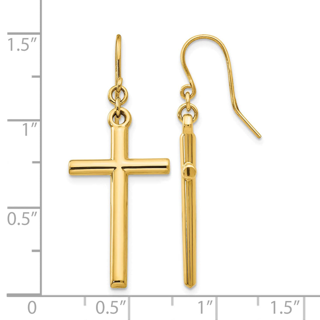 14K Yellow Gold Polished Cross Dangle French Hook Earrings