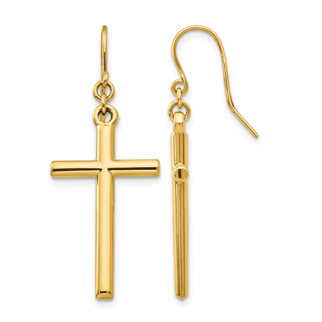 14K Yellow Gold Polished Cross Dangle French Hook Earrings
