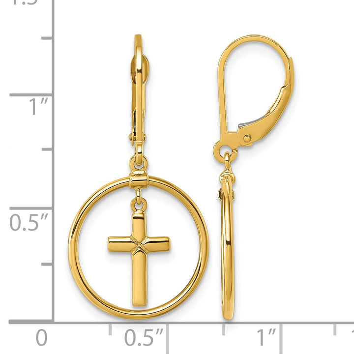 14K Yellow Gold Polished Cross in Circle Leverback Dangle Earrings