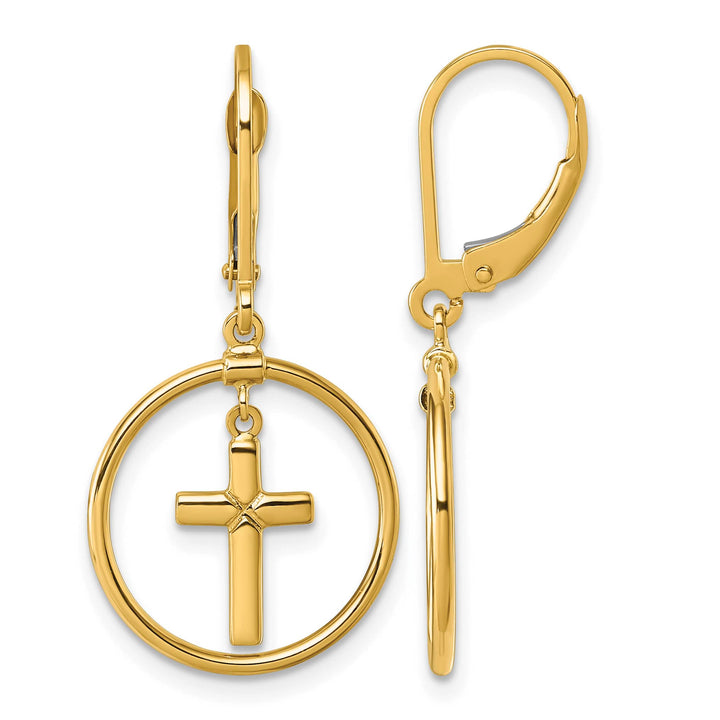 14K Yellow Gold Polished Cross in Circle Leverback Dangle Earrings