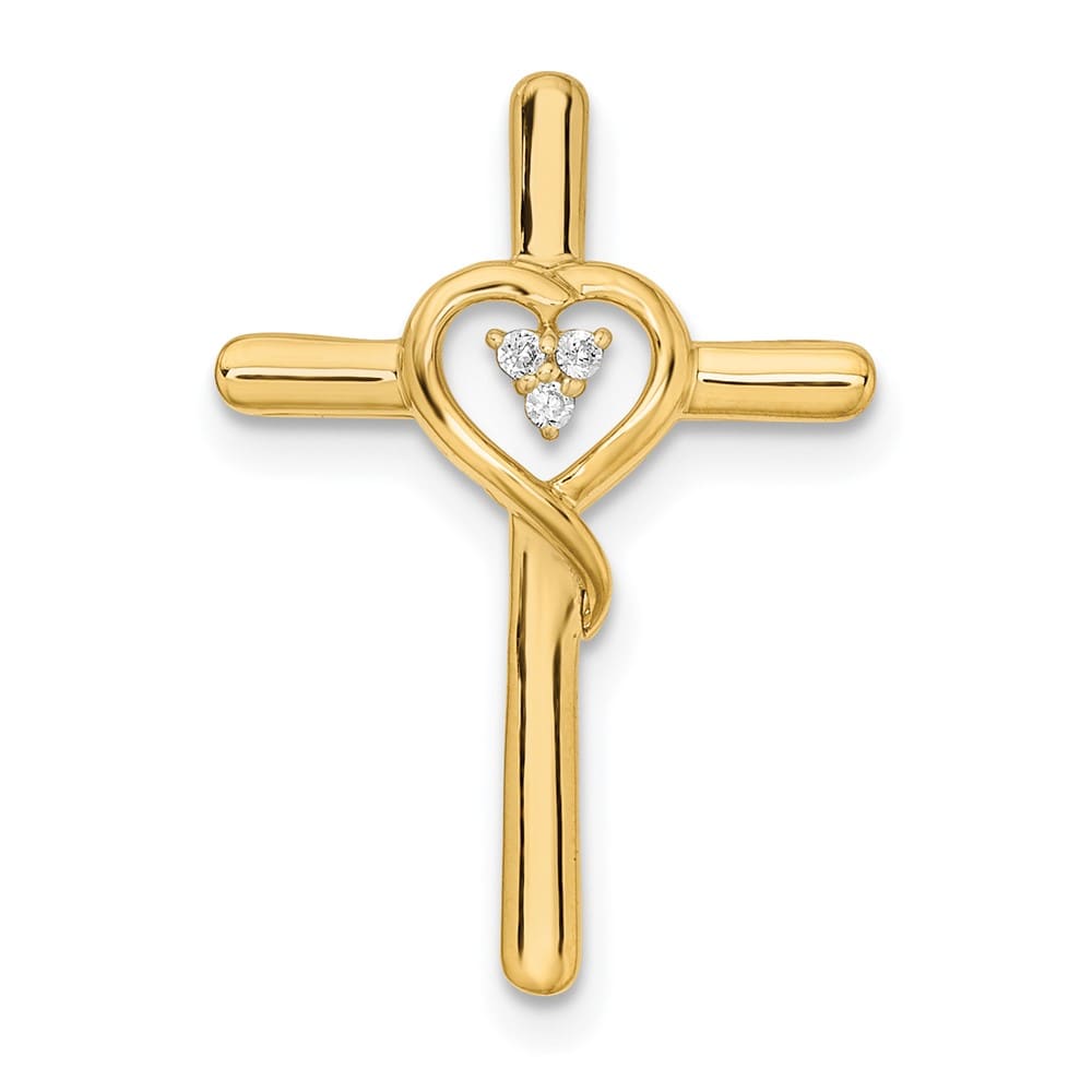 14K Yellow Gold Polished Cross with Heart Diamond Chain Slide